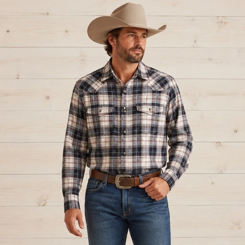Redhead Ranch Mens Plaid Flannel Shirt M Blue Brown Western‎ Americana Cowboy